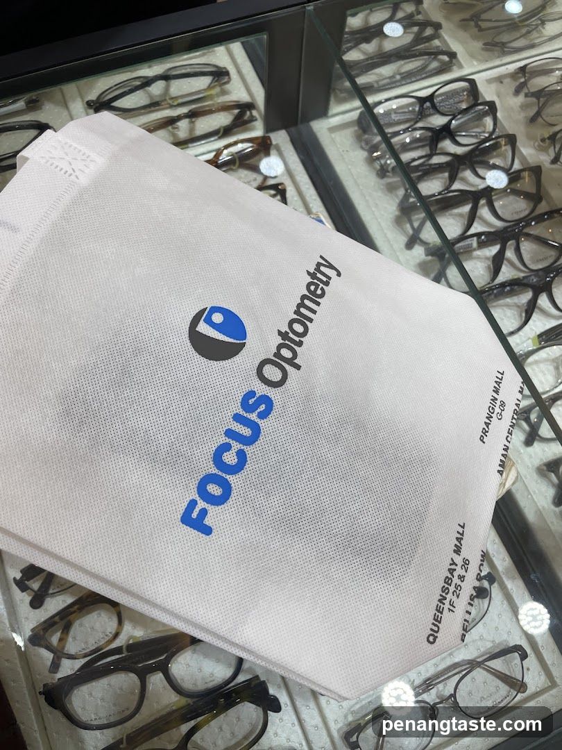 Focus Optometry branded bag on display shelf