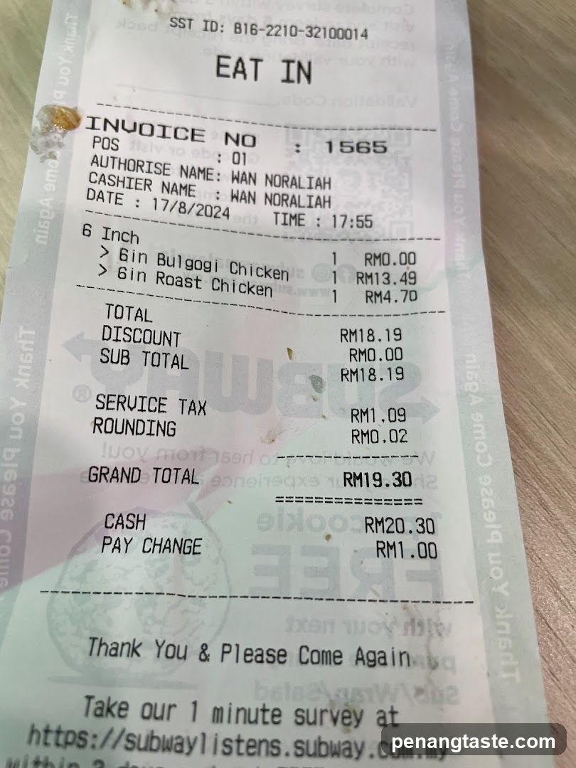 Subway Receipt