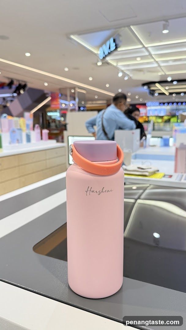 Pink water bottle on display