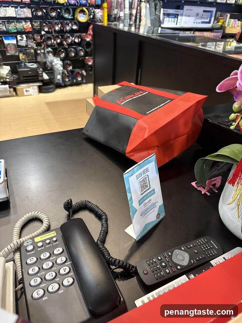 Counter with phone and bag