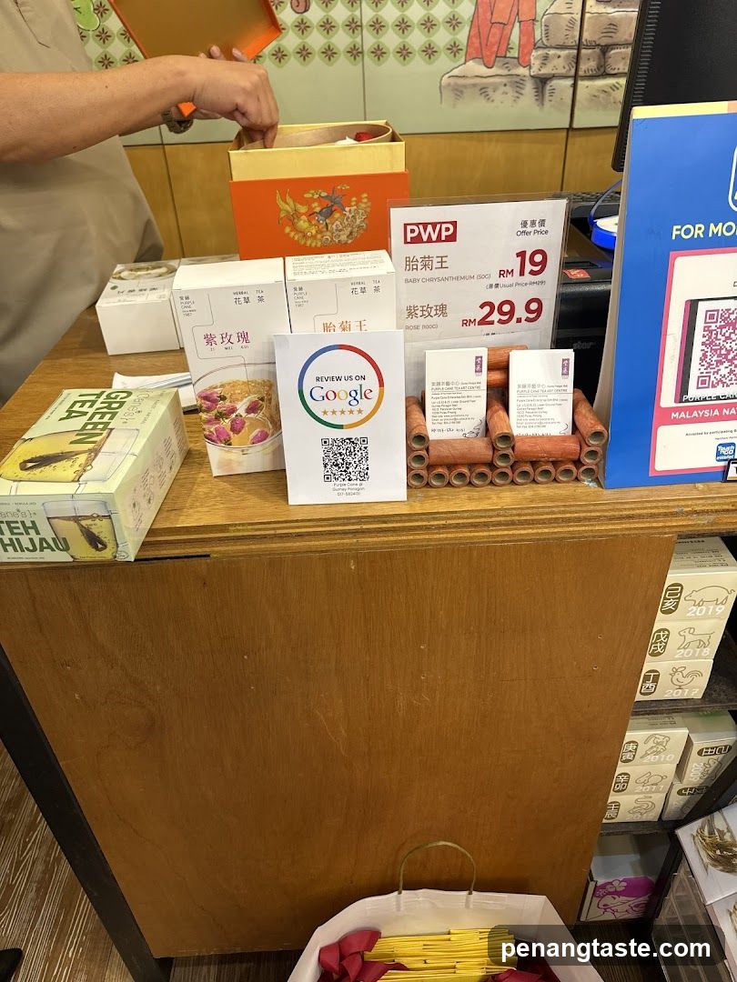 Counter display with tea products and promotional signs