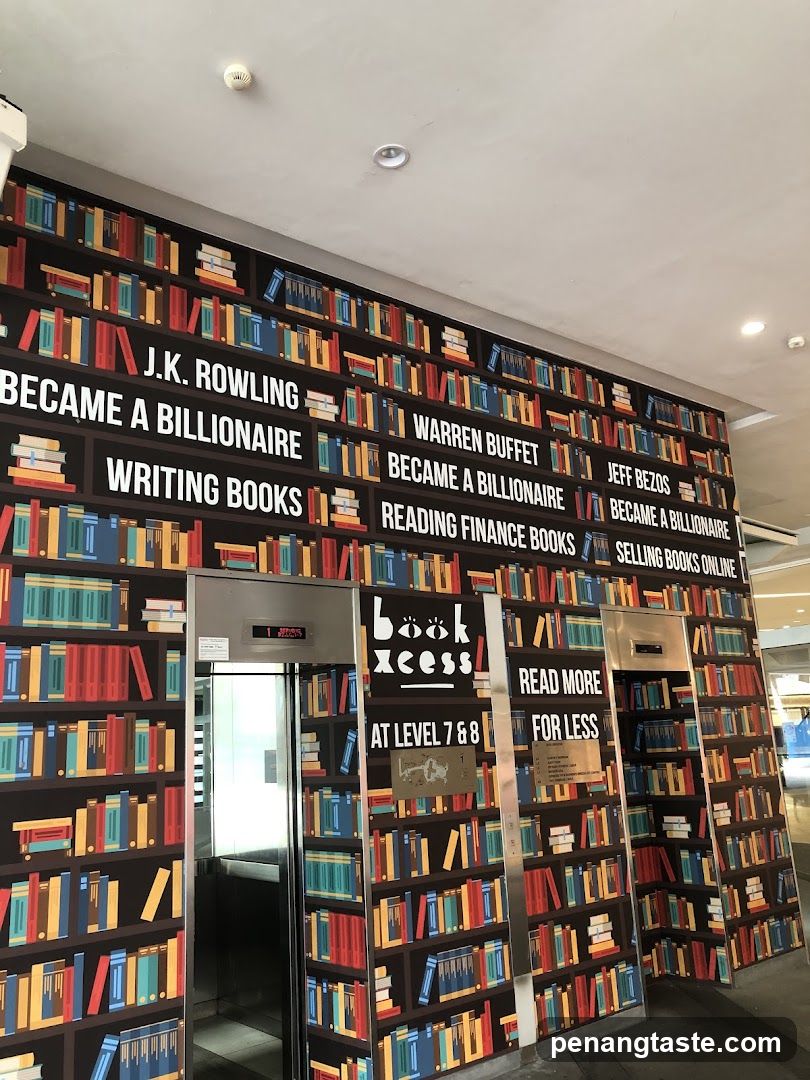 Book-themed wall with elevators