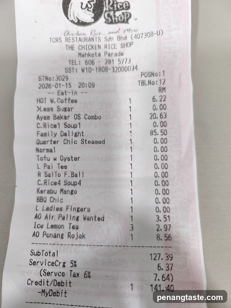 Receipt from The Chicken Rice Shop