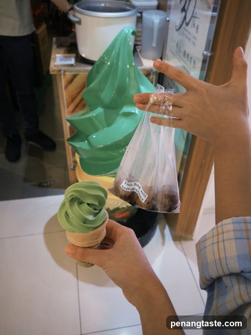 Person holding ice cream cone and bag