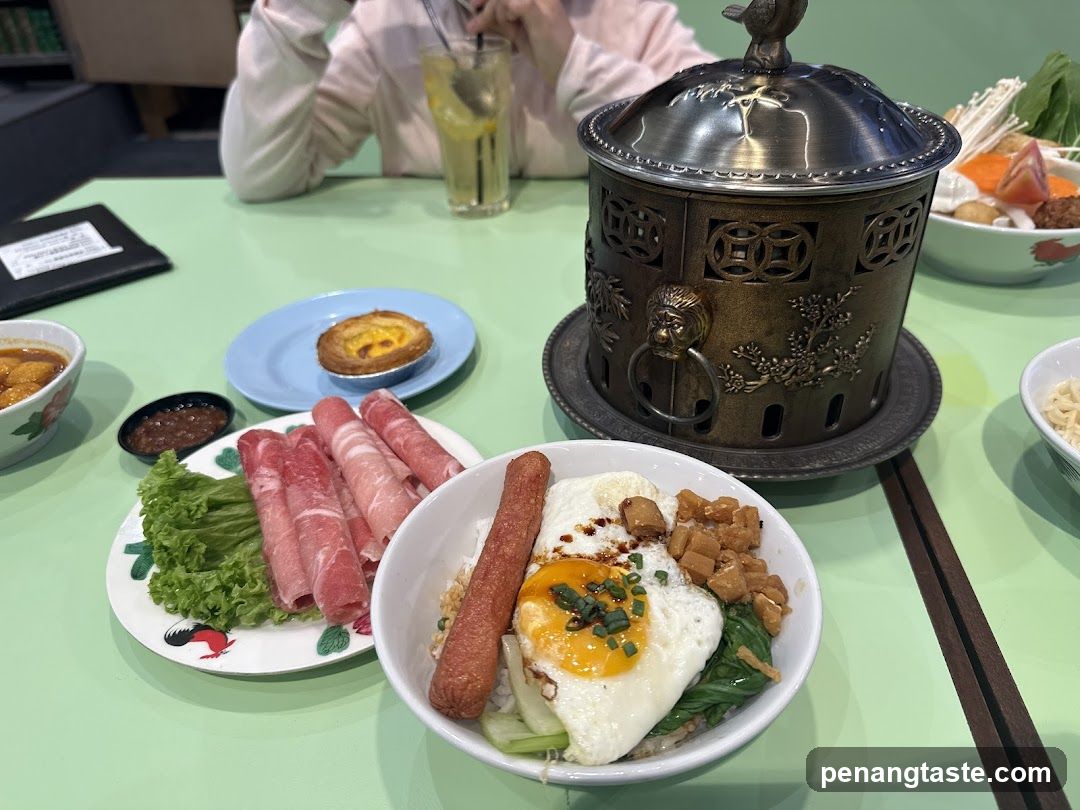 Dining Table with Hot Pot and Side Dishes