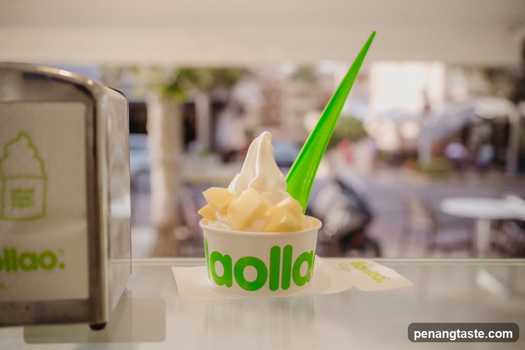 Soft serve dessert with branded cup and spoon