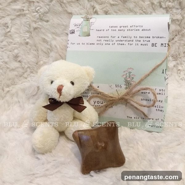 Teddy bear and soap on fluffy surface