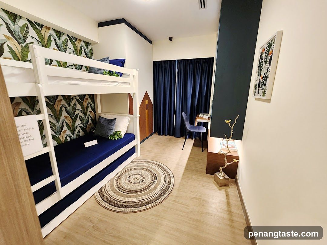 Modern Bedroom Interior with Bunk Bed and Tropical Decor