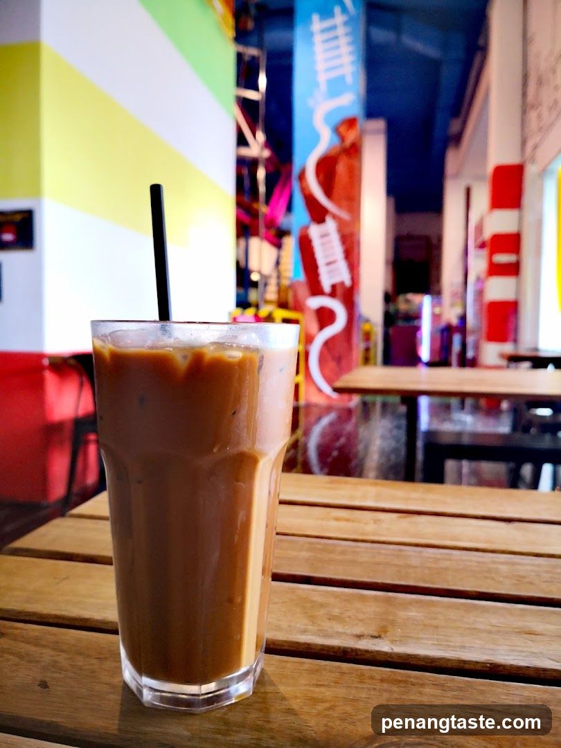 Iced beverage in café interior