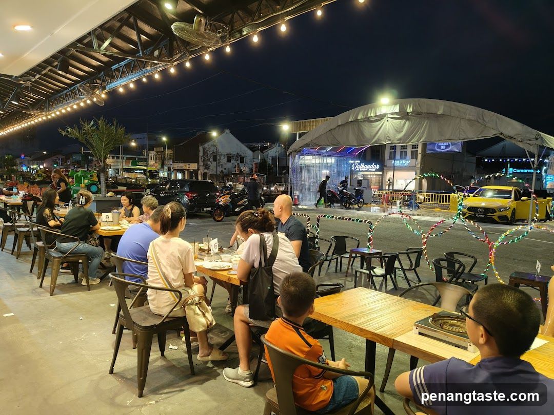 Outdoor dining area at night