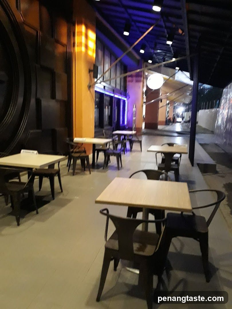 Outdoor seating area at night