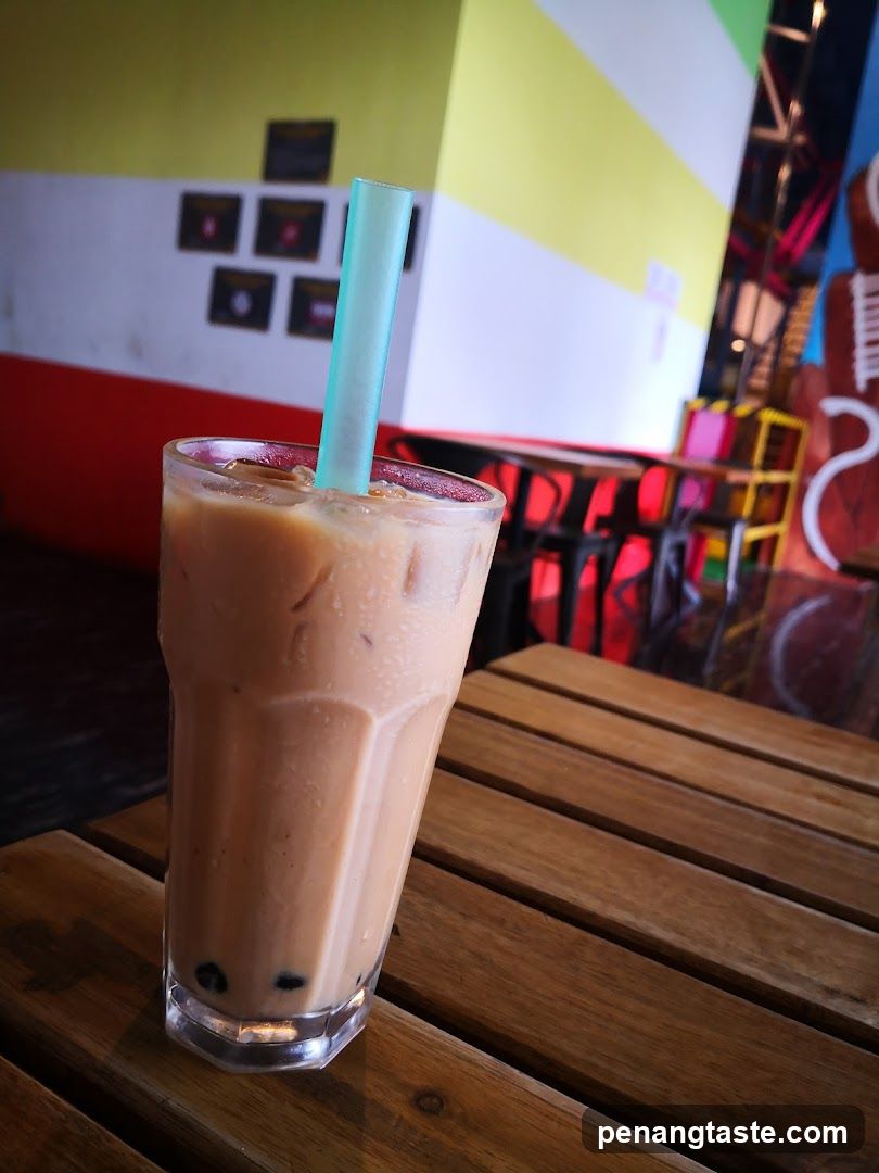 Iced beverage in café interior
