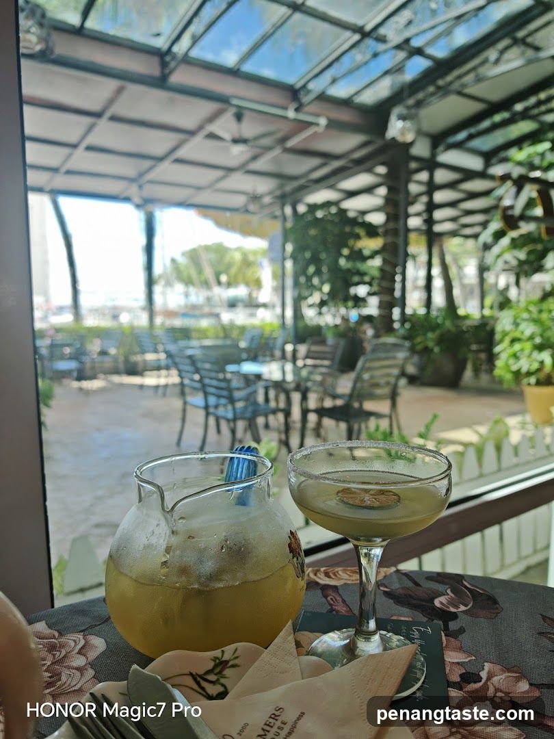 Outdoor seating area with beverages