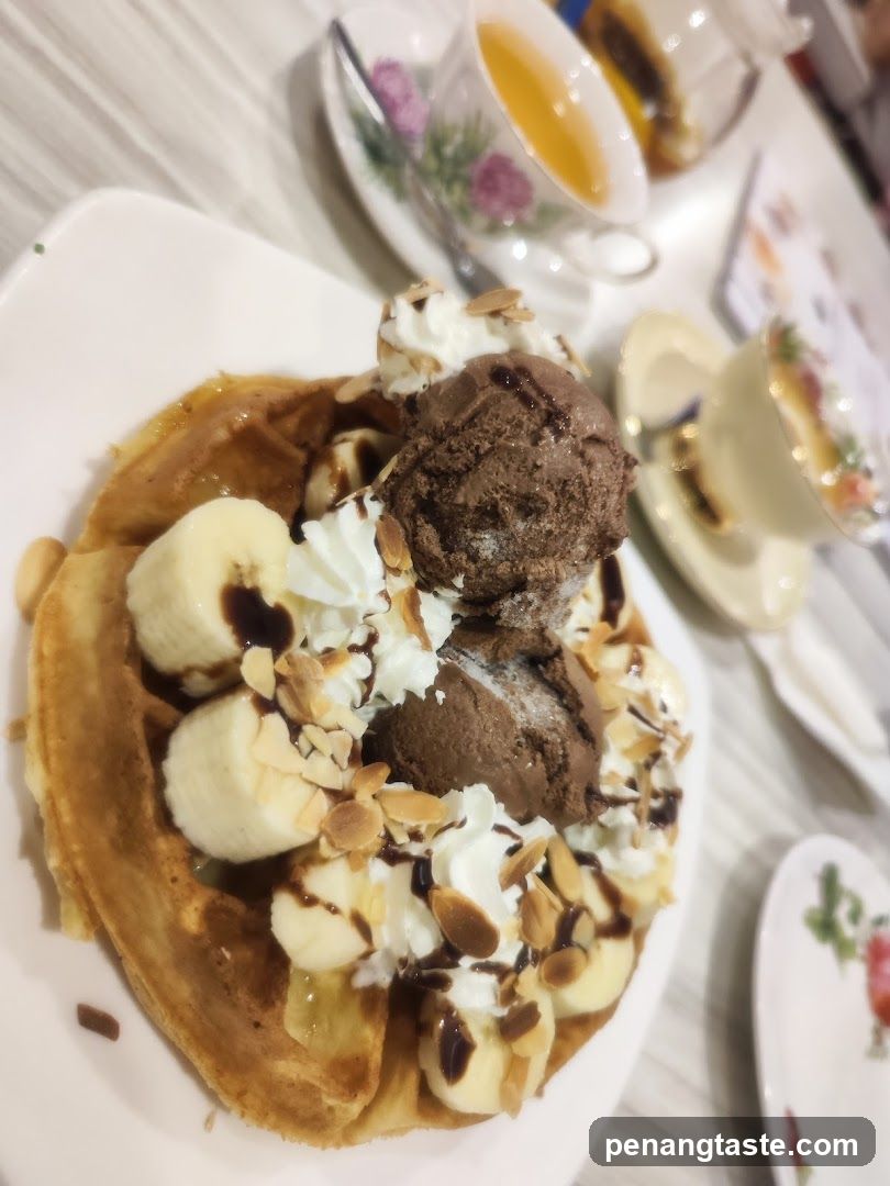 Waffle Dessert with Ice Cream and Bananas
