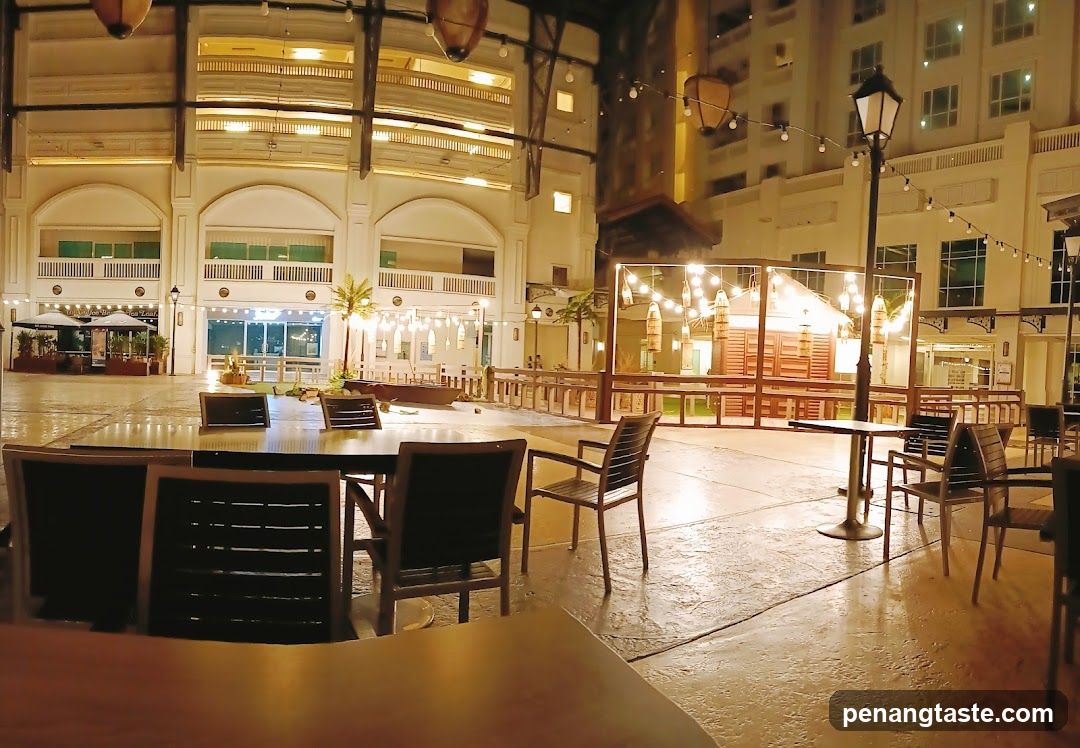 Outdoor dining area at night