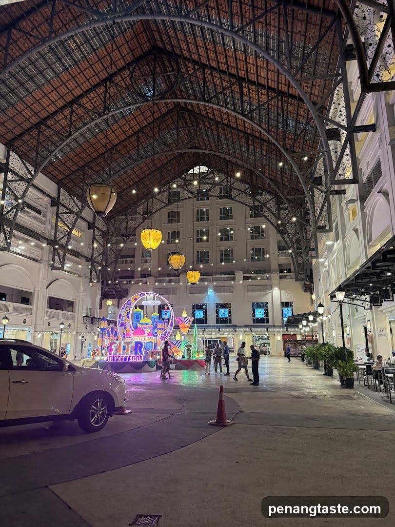 Indoor shopping arcade at night