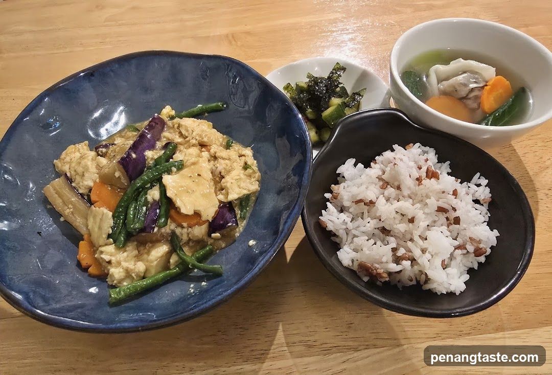 Meal served on wooden table