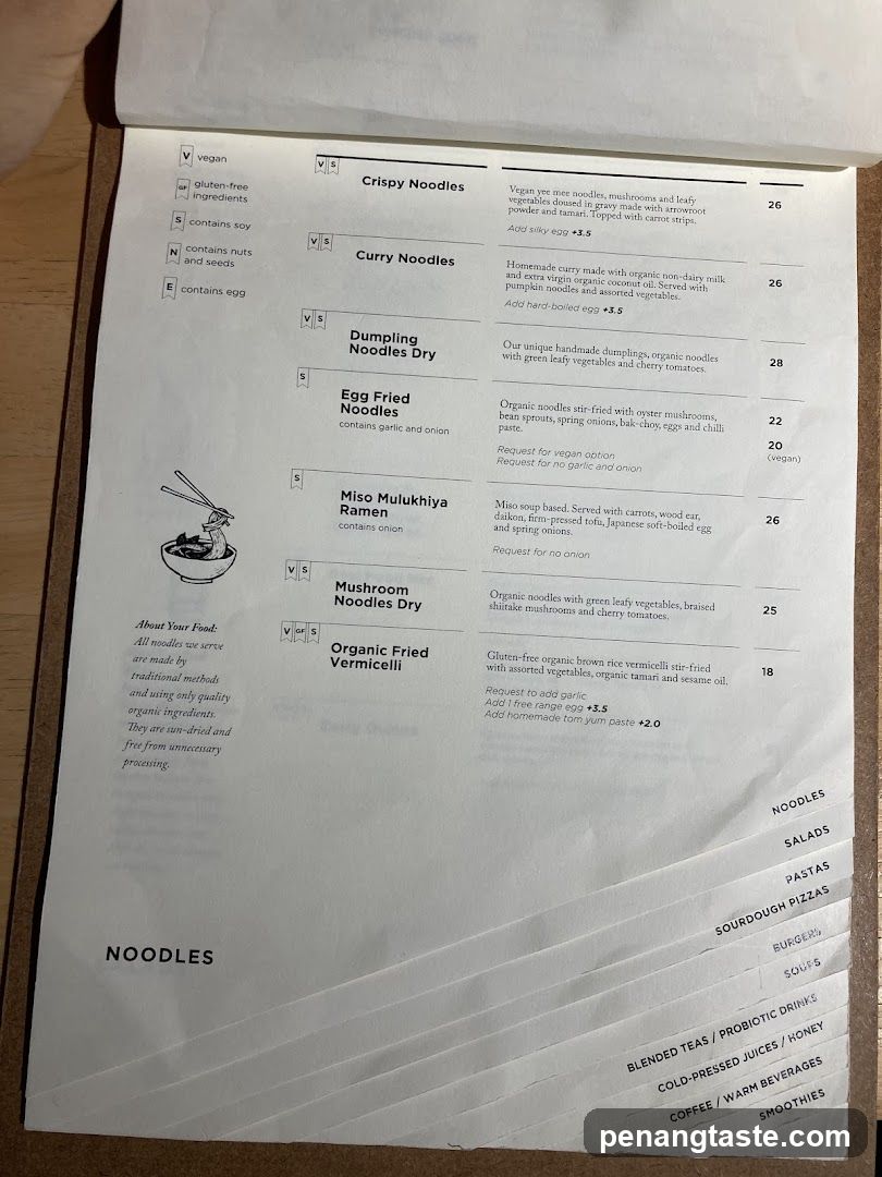 Noodles Section of Menu
