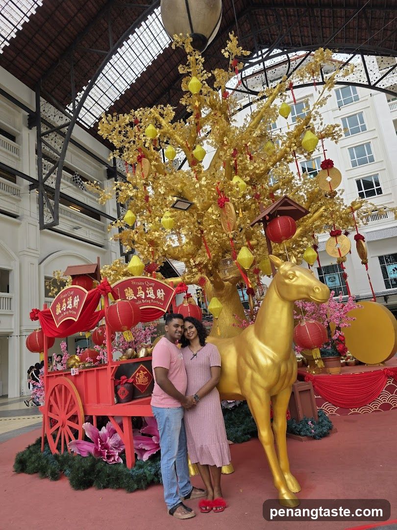 Couple posing with festive decorations