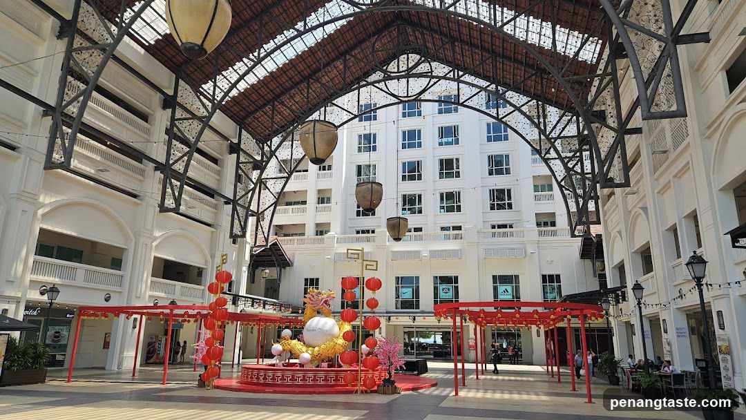 Interior of a shopping arcade with festive decorations