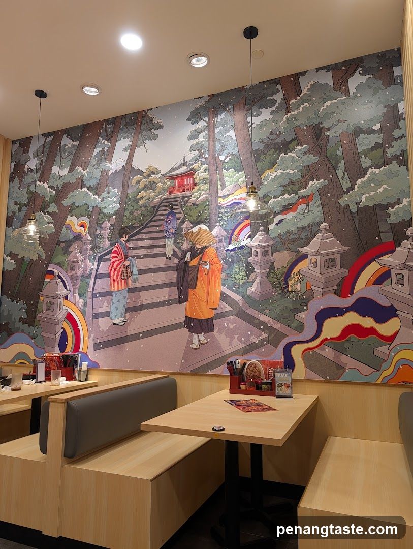 Restaurant Interior with Japanese-Themed Wall Art