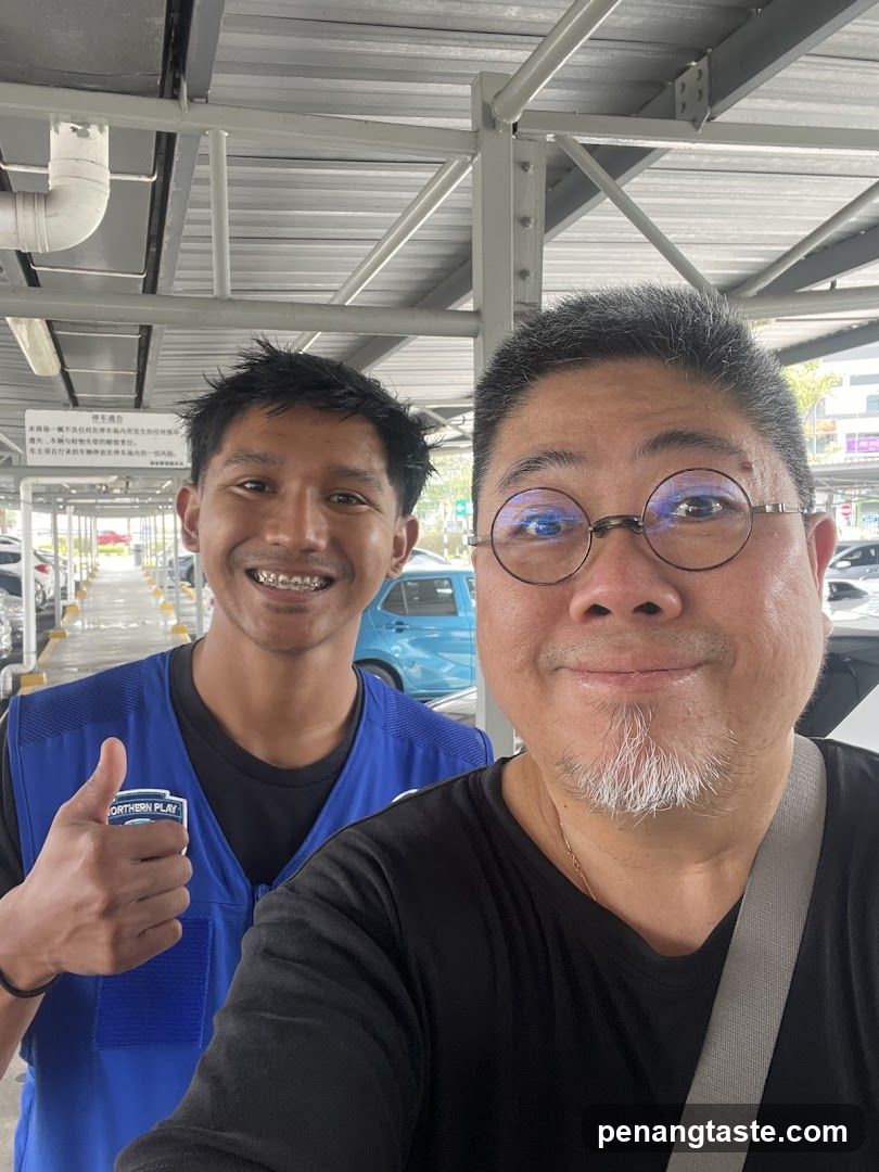 Two men in parking garage