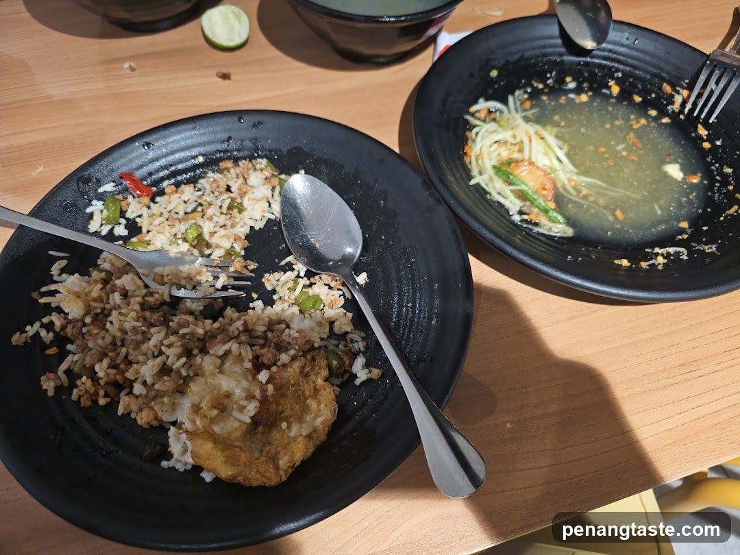 Dining table with partially eaten meals