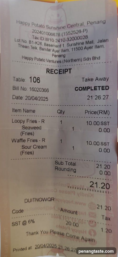 Happy Potato Sunshine Central Receipt