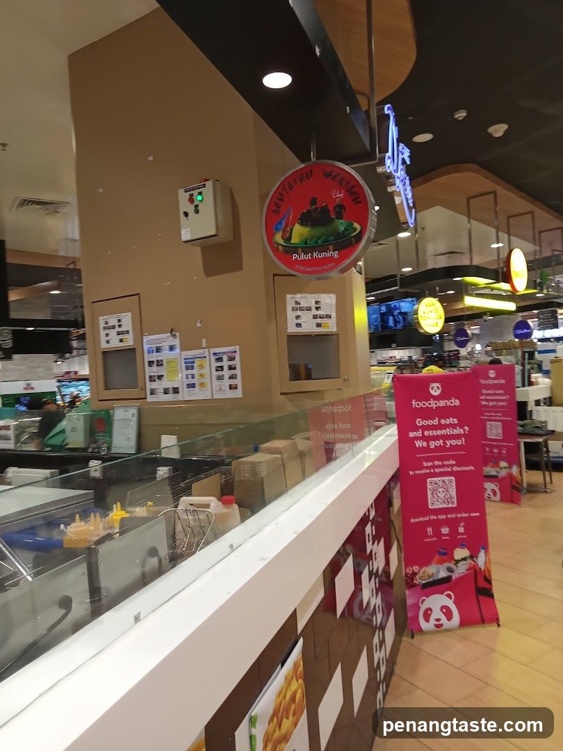 Food court interior with food delivery kiosk