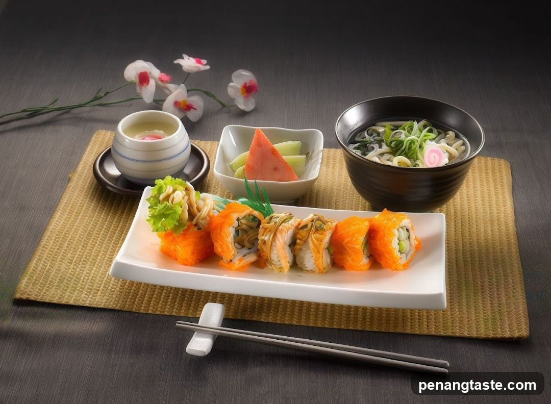 Sushi and noodle dish presentation