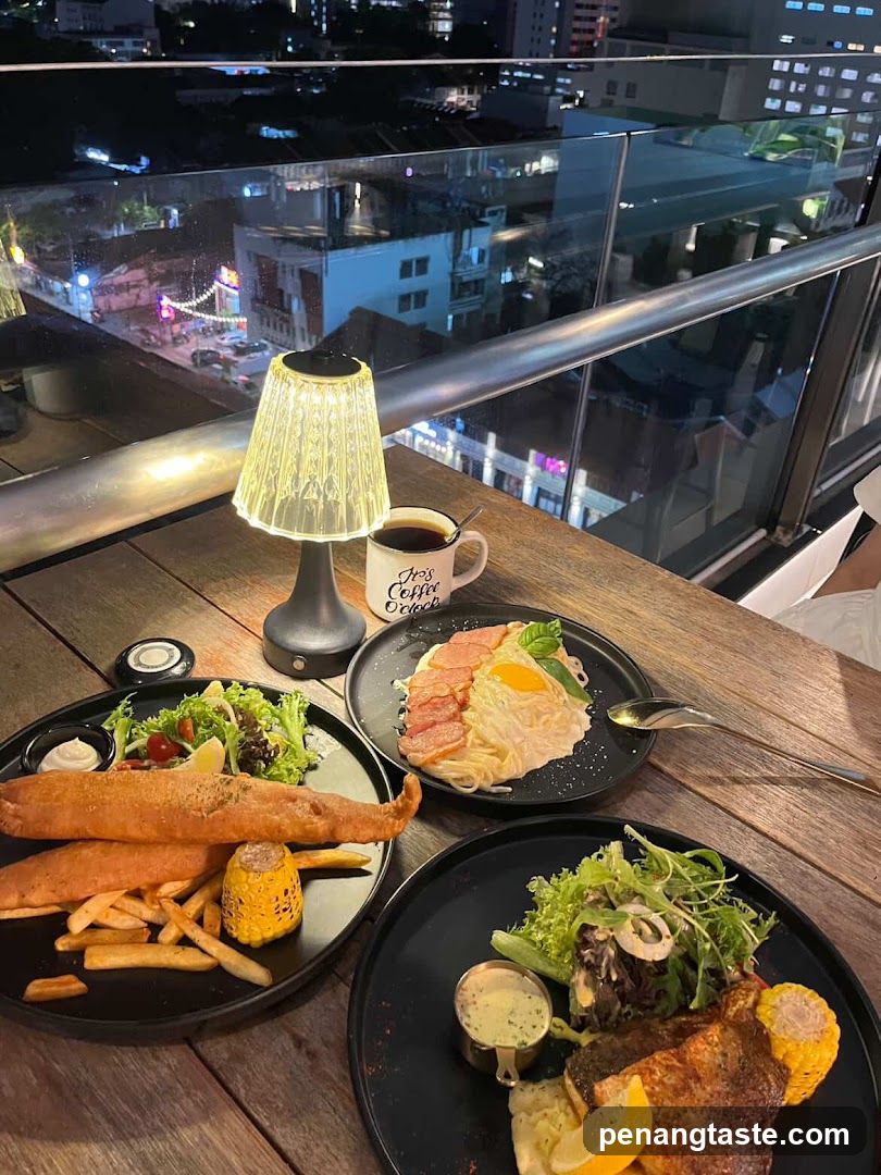 Dinner on a rooftop terrace at night