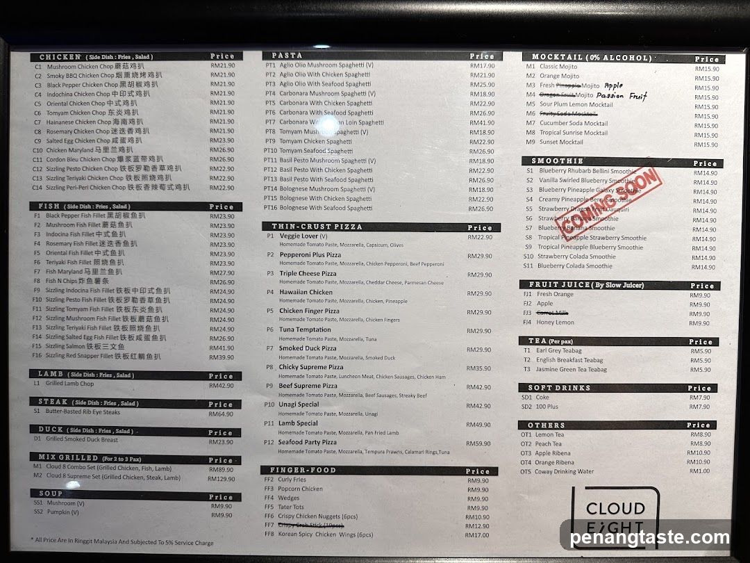 Cloud Eight Menu