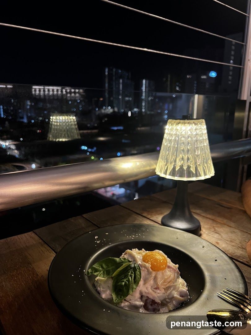 Nighttime dining with city view