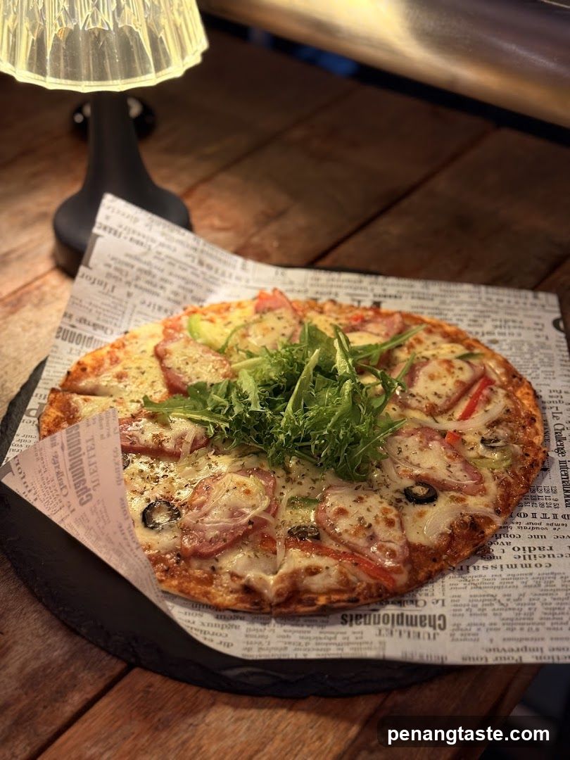 Pizza on newspaper-lined plate
