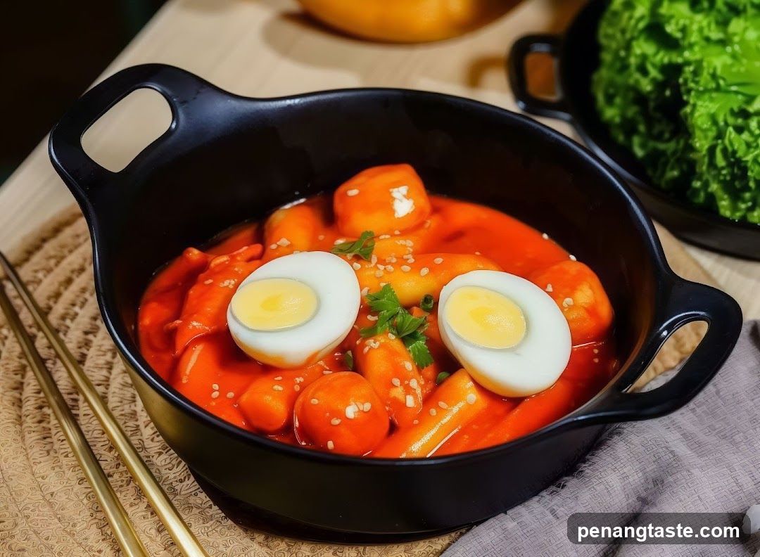 Tteokbokki in a black bowl