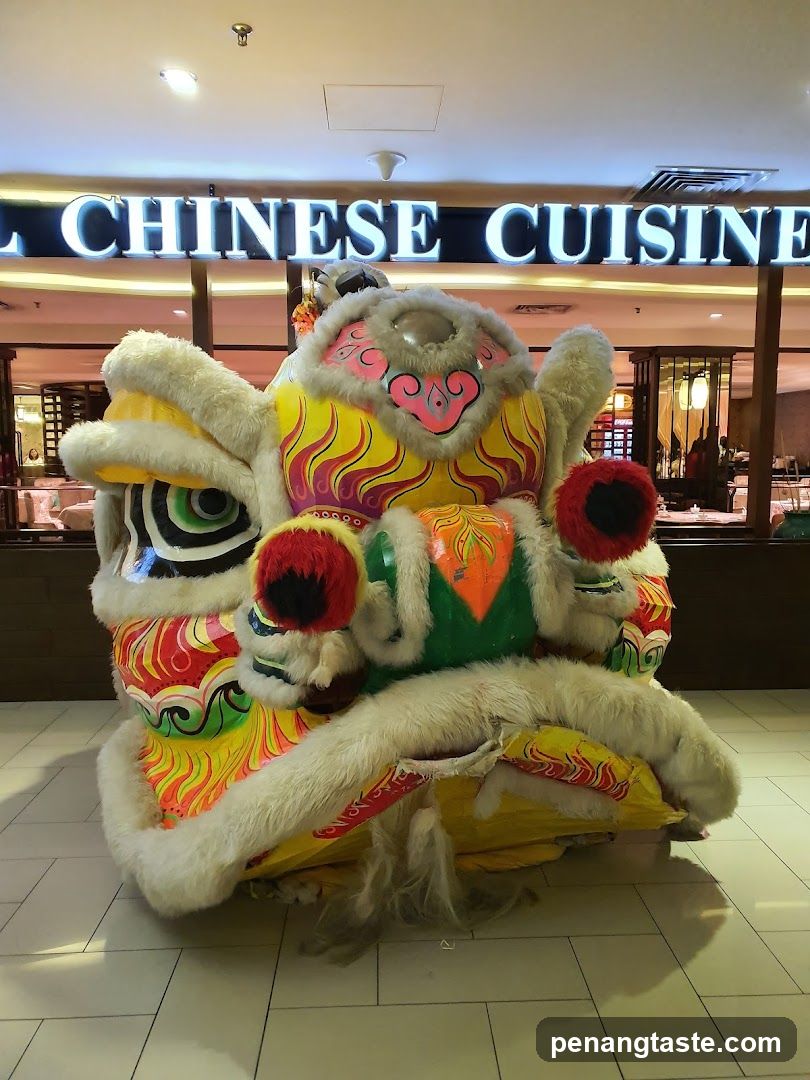 Lion Dance Costume in Front of Chinese Cuisine Restaurant