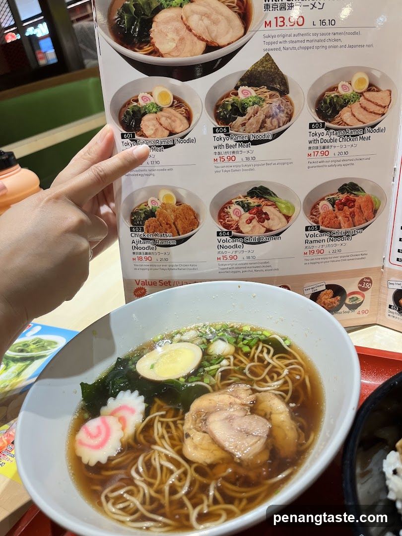 Ramen meal with menu reference