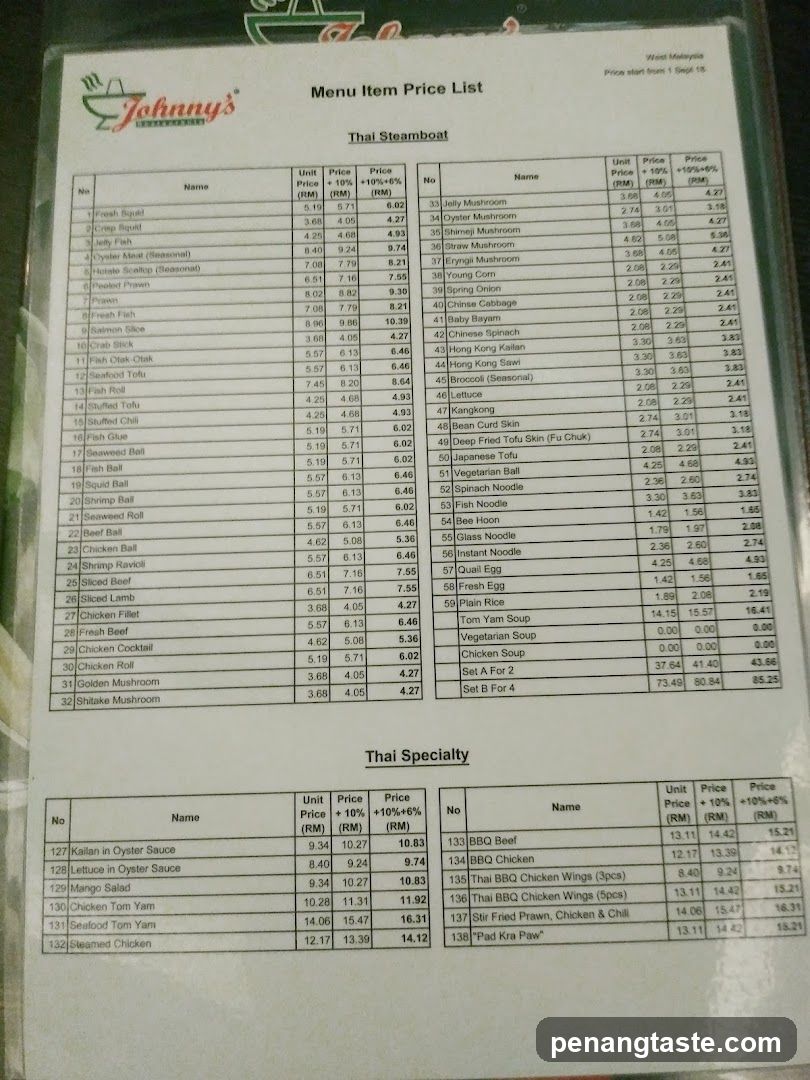 Johnny's Thai Steambot & Thai Specialty Menu