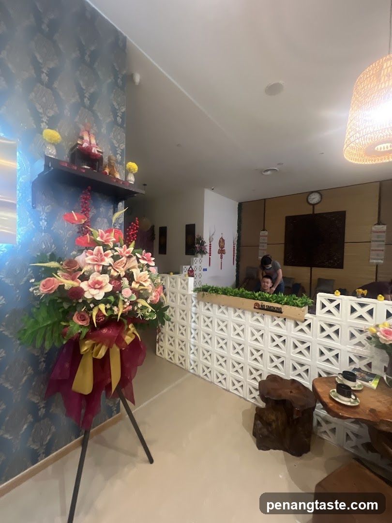 Interior of a modern space with floral display