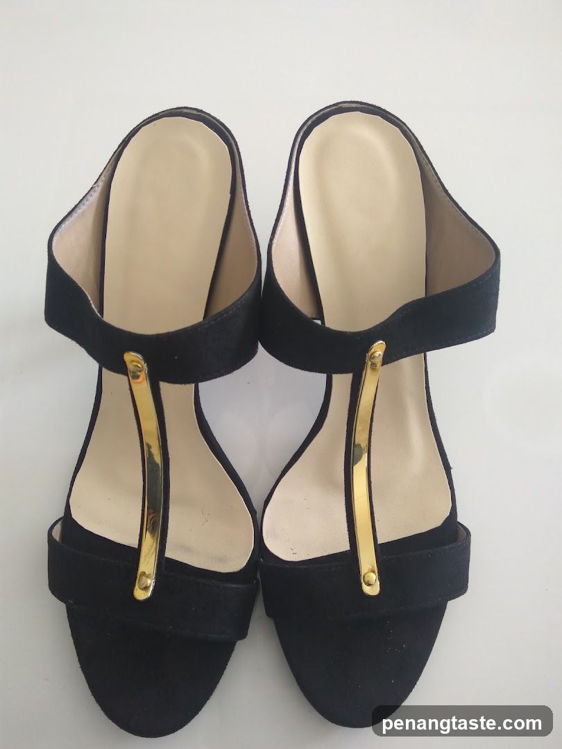 Black T-Strap Heels with Gold Accents