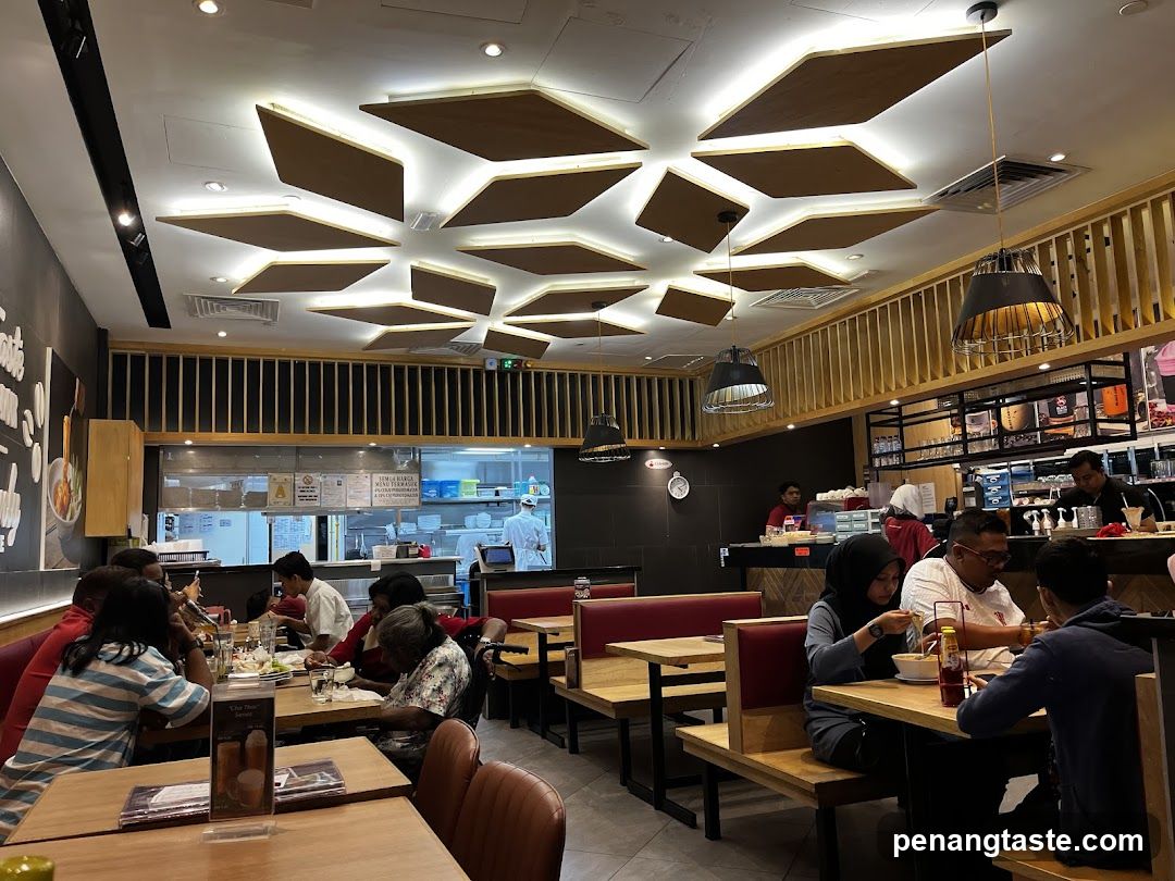 Restaurant Interior with Geometric Ceiling Design