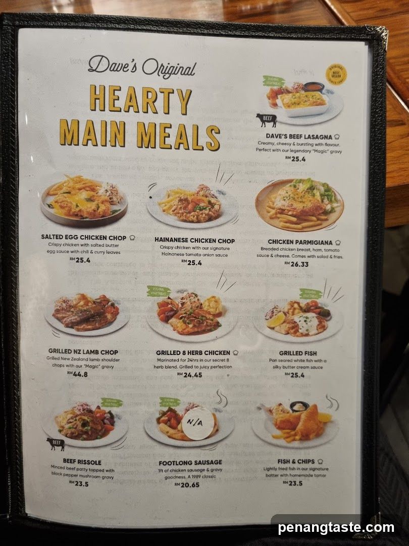 Dave's Original Hearty Main Meals Menu
