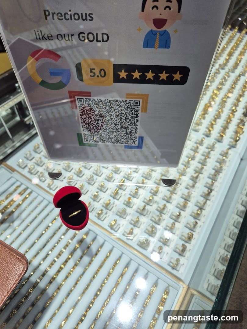 Gold Jewelry Display with Google Review QR Code