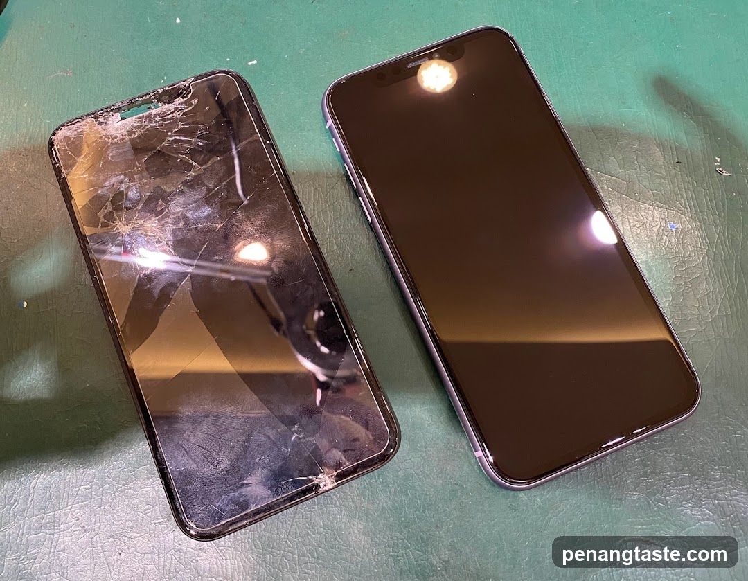 Cracked and intact smartphone screens comparison
