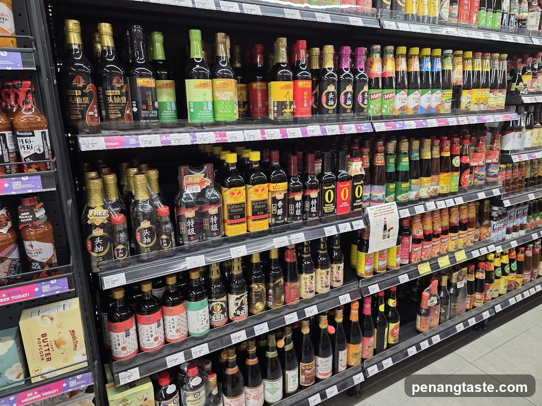 Aisle of Asian condiments and sauces in a supermarket