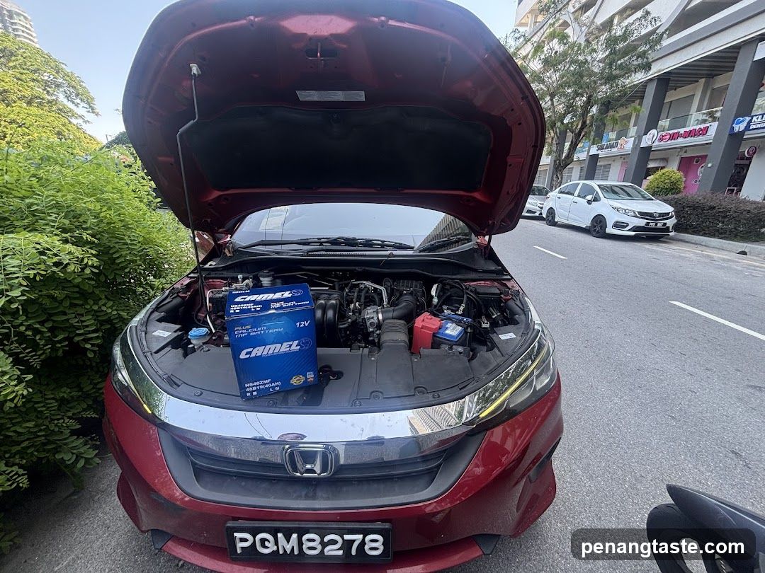Car with open hood and battery box