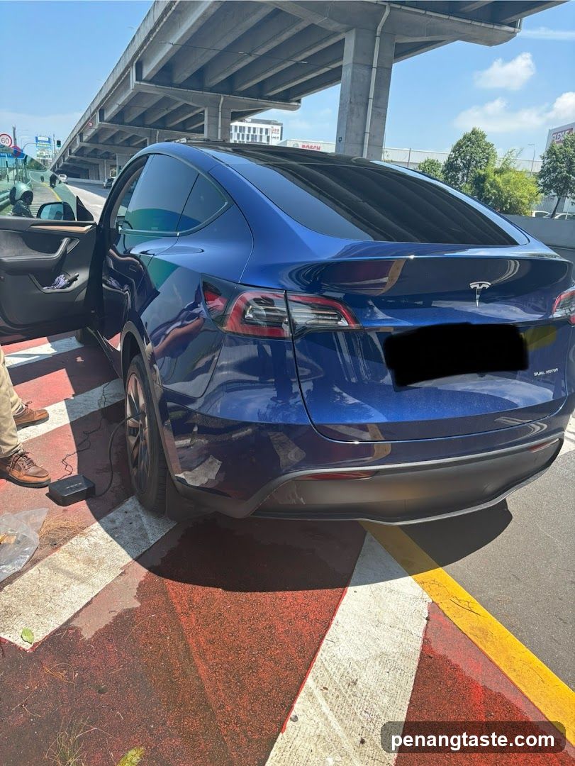 Blue Tesla Model Y parked on road