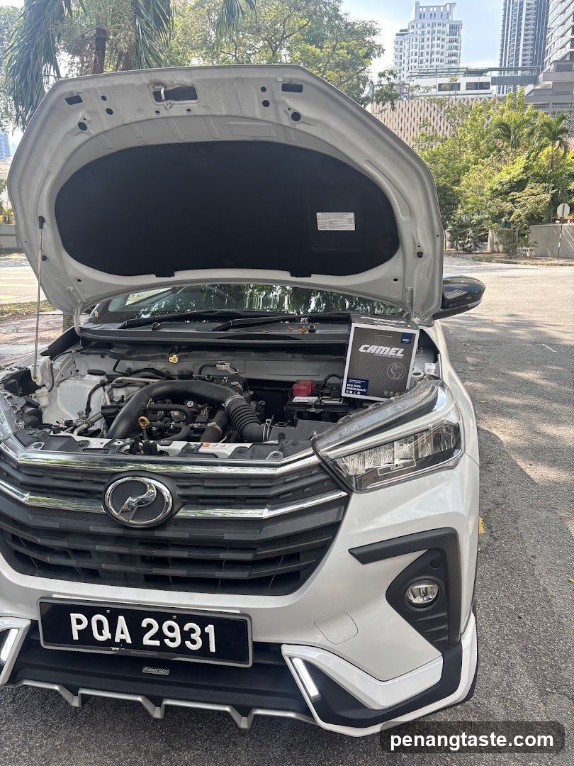 Car with open hood and battery box