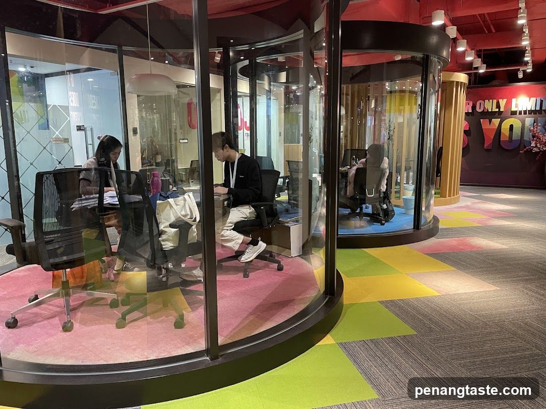 Office Interior with Glass Pods