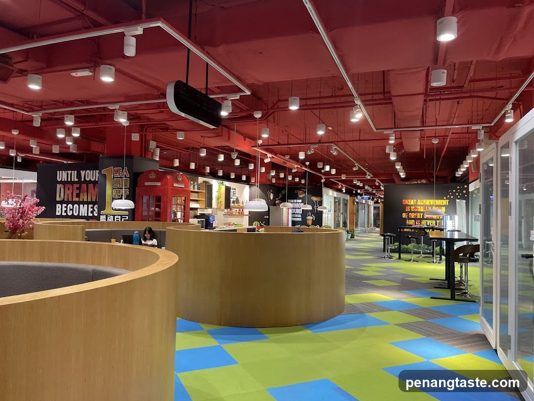 Modern Interior Space with Red Ceiling and Colorful Flooring